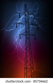 Lightning flash strike in high voltage line vector background