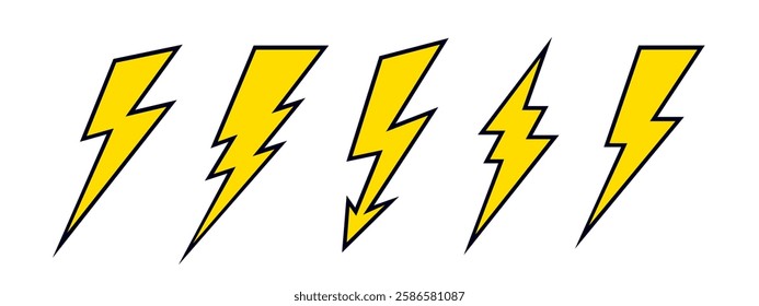 Lightning, flash, thunderbolt. Energy flash icon set, thunderbolt lightning symbol. Graphic set of simple lightning, flash, thunderbolt, abstract shape, design elements. Vector Illustration