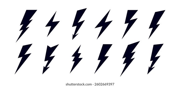 Lightning, flash, thunderbolt. Energy flash icon set, thunderbolt lightning symbol. Graphic set of simple lightning, flash, thunderbolt, abstract shape, design elements. Vector Illustration
