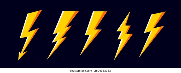 Lightning, flash, thunderbolt. Energy flash icon set, thunderbolt lightning symbol. Graphic set of simple lightning, flash, thunderbolt, abstract shape, design elements. Vector Illustration