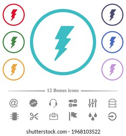 Lightning flat color icons in circle shape outlines. 12 bonus icons included.