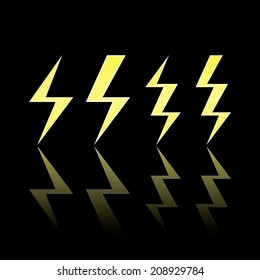 Lightning flat icon set with reflection, isolated on black background. Vector illustration, eps 10.