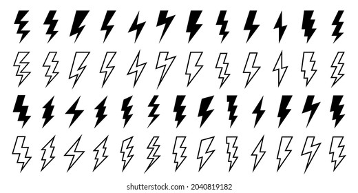 Lightning flat icons set. Outline and silhouette flash symbols. Lightning, high voltage or charge signs. Vector elements.