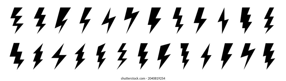 Lightning flat icons set. Outline and silhouette flash symbols. Lightning, high voltage or charge signs. Vector elements.