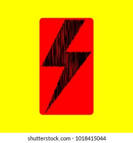 Lightning flat icons set. Vector. Black scribble icon in red container with rounded corners at yellow background. Isolated.