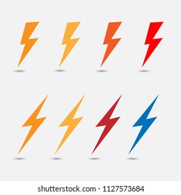 Lightning flat icons.  Simple icon storm or thunder and lightning strike isolated.