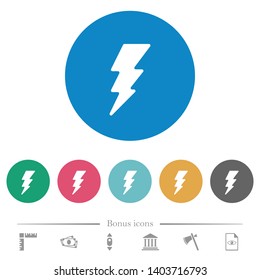 Lightning flat white icons on round color backgrounds. 6 bonus icons included.