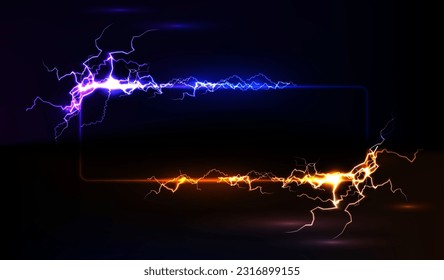 Lightning frame, blue and yellow electric rectangular frame with lightning effect. Insulated frame with a lightning strike, a flash of magical energy, a realistic set of 3d vector