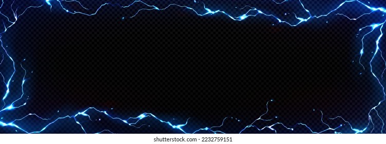 Lightning frame, thunder bolt effect background with blue electric strikes. Rectangular border with thunderbolt impact, crack, magical energy flash. electrical discharge, Realistic 3d vector bolts set