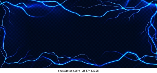 Lightning frame. Thunderbolt realistic effect rectangular border with blue electric flashes, electrical discharge, shock power. Vector 3d isolated template.