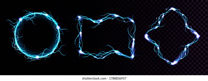 Marcos de luz, bordes de pernos eléctricos azules, portales mágicos, golpe de energía. Poderoso deslumbramiento de descarga eléctrica aislado sobre fondo negro y transparente. Ilustración vectorial 3d realista