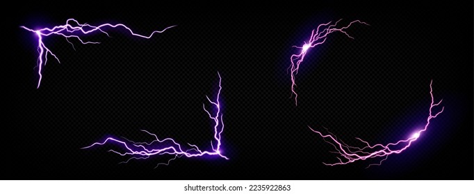 Lightning frames, electric purple thunderbolt rectangular and round borders. Energy strike photo frames, powerful discharge dazzle isolated on black background. Realistic 3d vector illustration