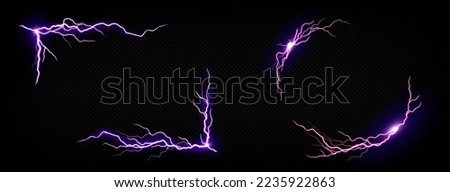 Lightning frames, electric purple thunderbolt rectangular and round borders. Energy strike photo frames, powerful discharge dazzle isolated on black background. Realistic 3d vector illustration