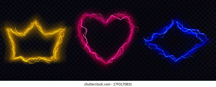 Lightning frames, electric thunderbolt borders of crown, heart and rhombus shape, magic energy strike. Powerful electrical discharge dazzle flash isolated on black background. Realistic 3d vector set