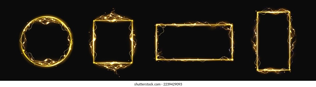 Lightning frames, yellow thunder bolt effect background with electric strikes. Rectangular, round and square borders with thunderbolt impact, energy flash. discharge, Realistic 3d vector bolts set