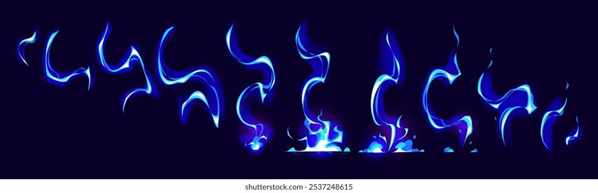 Juego de relámpagos sprite efecto fx, dibujos animados de la huelga del rayo azul del perno. Marco de secuencia animado de Vector de dibujos animados de huelga eléctrica, golpe de electricidad mágica, rayos de tormenta brillantes azules y rayos