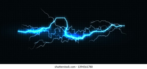 Lightning, glowing thunderbolt and brightning power shock magic lines on black background. Vector illustration.