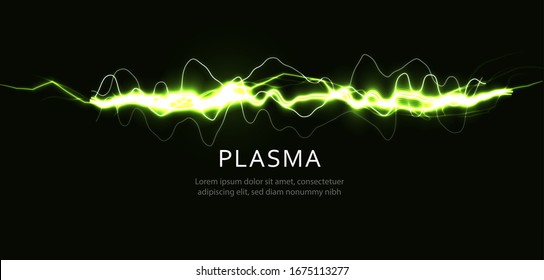 lightning green color, curve line on black background, graphic vibration for voice and music, magic ray of superhero, vector illustration