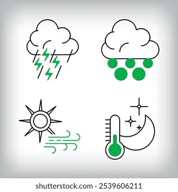 Lightning hail, windy sun and night cold icon set. Different linear weather designs.