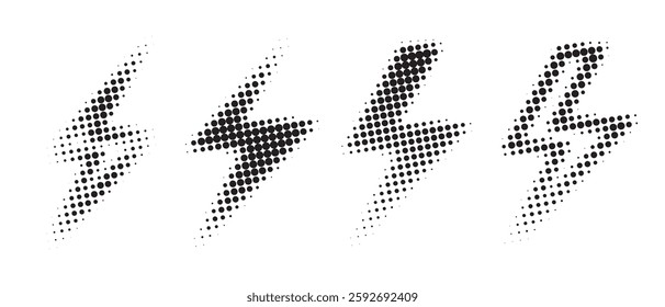 Lightning in halftone style. Symbol of energy, electric thunder on white background.
