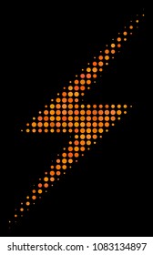 Lightning halftone vector icon. Illustration style is pixelated iconic lightning symbol on a black background. Halftone structure is created from spheric cells.