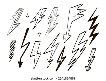 Lightning hand drawn set vector. Doodle thunder sign collection. Sketch electric black symbol. Flash energy, caution icons, attention  illustration for social net story, web, banner.