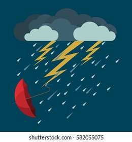 Lightning and heavy rain with falling red umbrella icon in flat style on blue background. Vector illustration of bad weather condition. Dark clouds with falling raindrops and yellow lightning arrows