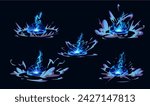 Lightning hit ground or floor with burst vfx effect. Cartoon vector illustration set of thunder bolt with flash and blue energy light. Power electric strike with ray and smoke clouds for game design.