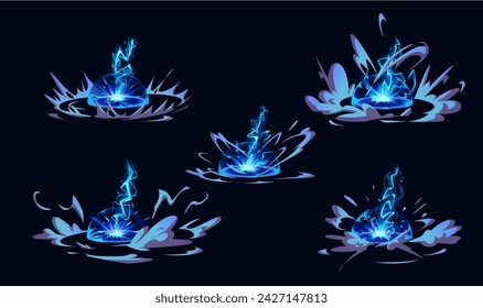 Lightning hit ground or floor with burst vfx effect. Cartoon vector illustration set of thunder bolt with flash and blue energy light. Power electric strike with ray and smoke clouds for game design.