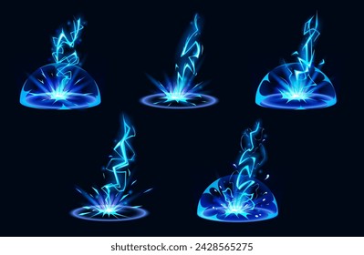 Lightning hit ground or floor with burst vfx effect, light ball and smoke clouds. Cartoon vector illustration set of blue thunder bolt with flash and power energy splash for game ui design.