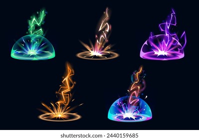 Lightning hit ground or floor with burst vfx effect, light ball and smoke clouds. Cartoon vector illustration set of colorful thunder bolt with flash and power energy splash for game ui design.