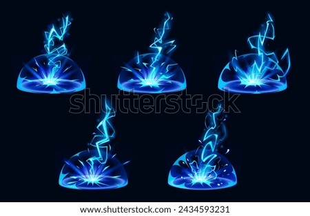 Lightning hit ground or floor with burst vfx effect, light ball and smoke clouds. Cartoon vector illustration set of blue thunder bolt with flash and power energy splash for game ui design.