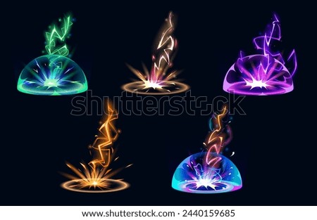 Lightning hit ground or floor with burst vfx effect, light ball and smoke clouds. Cartoon vector illustration set of colorful thunder bolt with flash and power energy splash for game ui design.