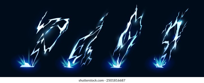 Lightning hitting ground. Vector isolated set of cartoon thunderstorm bolts for game design or weather. Powerful natural force, flare discharge and strike, neon thunderbolt blast or damage