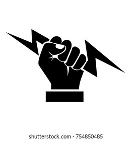 Lightning holding in hand black silhouette. Vector illustration flat design. Isolated on white background. Gesture with a fist pictogram. Symbol of victory and leader. Power icon.