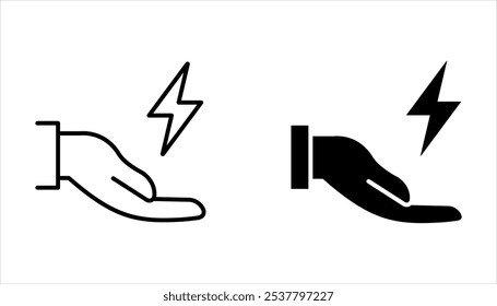 Lightning holding in hand icon set, Gesture with a fist pictogram on white background