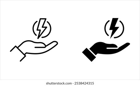 Relámpago que sostiene en el sistema del icono de la mano, gesto con un pictograma del puño en el fondo blanco