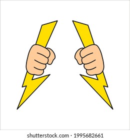 Lightning holding in hand. Vector illustration flat design. Gesture with a fist. Symbol of victory and leader. Power icon Isolated on white background. color editable