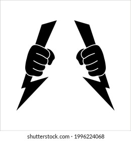 Lightning holding in hand. Vector illustration flat design. Gesture with a fist. Symbol of victory and leader. Power icon Isolated on white background. color editable