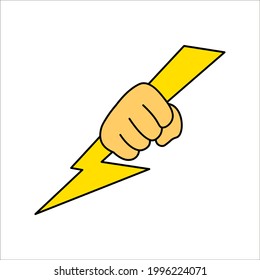 Lightning holding in hand. Vector illustration flat design. Gesture with a fist. Symbol of victory and leader. Power icon Isolated on white background. color editable