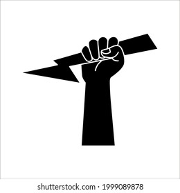 Lightning holding in hand. Vector illustration flat design. Gesture with a fist. Symbol of victory and leader. Power icon Isolated on white background. color editable