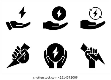 Relámpago en mano. Diseño plano de Ilustración vectorial. Gesto con un puño. Símbolo de victoria y líder. Conjunto de iconos de energía aislado sobre fondo blanco.