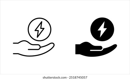 Lightning holding in hand. Vector illustration flat design. Gesture with a fist. Symbol of victory and leader. Power icon set Isolated on white background.
