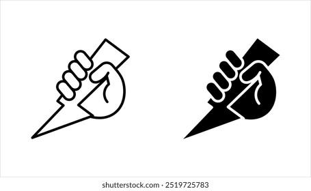Blitzschlag in der Hand. Flaches Design, Vektorgrafik. Geste mit der Faust. Symbol des Sieges und des Führers. Energiesymbollager Einzeln auf weißem Hintergrund.