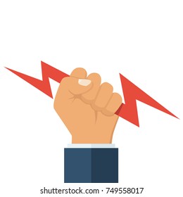 Lightning holding in hand. Vector illustration flat design. Isolated on white background. Gesture with a fist. Symbol of victory and leader. Power icon.