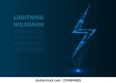 Lightning hologram in low poly wireframe style vector illustration with lines, dots and lights. Electric energy futuristic concept. Electrical thunderblot template.