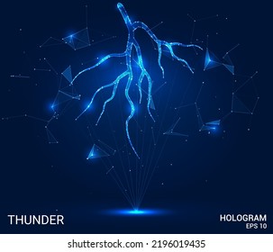 Das Blitzhologramm. Donner aus Polygonen, Dreiecke von Punkten und Linien. Blitzsymbol mit Low-Poly-Verbindungsstruktur. Technologiekonzept, Vektor.