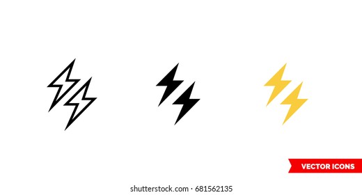 Lightning icon of 3 types: color, black and white, outline. Isolated vector sign symbol.