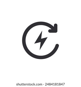 Lightning icon. Charging location. Electric charging. Thunderbolt sign. Charging icon. Electricity sign. Electrical wire. Charger sign. Charging battery. Recharge. Reboot. Renewable energy. Update