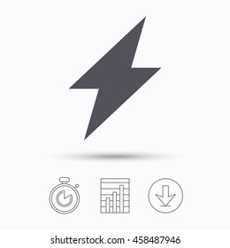 Lightning icon. Electricity energy power symbol. Stopwatch, chart graph and download arrow. Linear icons on white background. Vector